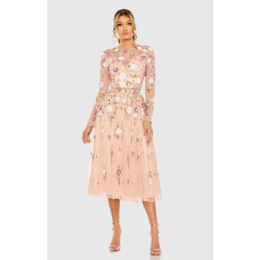 Mac Duggal 5716 Blush Pink Floral Tulle Embellished Cocktail Lenth Dress 6 NEW